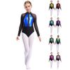 Girls Shiny Rhinestones Leotard Color Block Patchwork Keyhole Back Sheer Mesh Long Sleeve Bodysuit