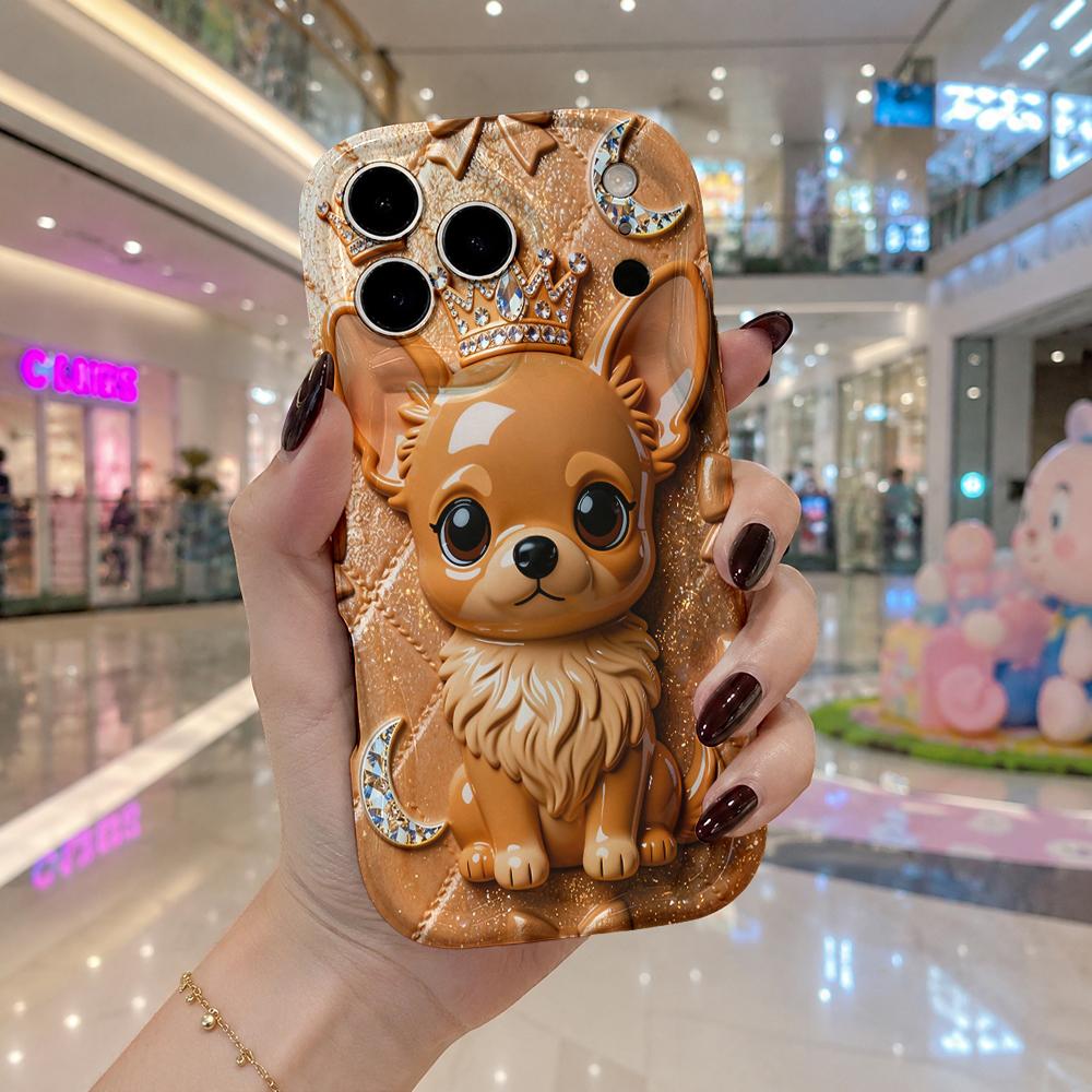 Rhinestone Crown Chihuahua Moon Star Wavy Edge Phone Case For iPhone 17 16 15 14 13 12 11 8 7 Plus Pro Max Bling Cover