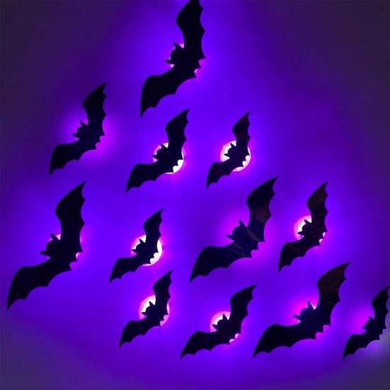Halloween LED Bat Wall Stickers 3D Light Up Glowing Bat Stickers for Halloween Party Indoor Bedroom Wall Window Decor