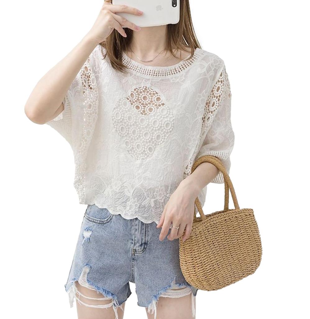 Haveli Lace Short Floral Loose Korean Solid Round Dolman and Stylish One Women's Blouse, Sleeve, Sheer, Print, Fit, Feminine, Stylish, Casual, Style,