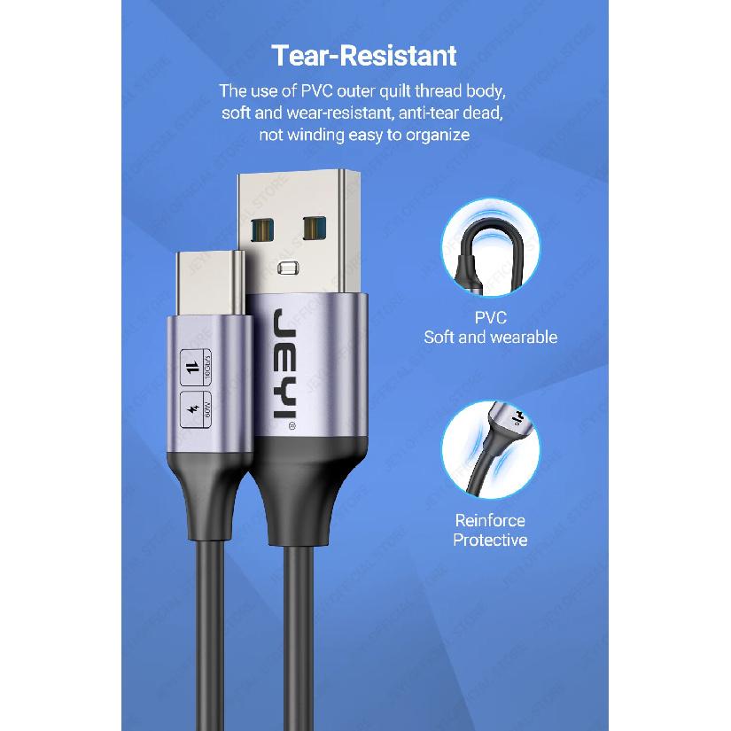 Кабель JEYI USB A на Type-C, 60 Вт, быстрая зарядка, 10 Гбит/с, высокоскоростная передача данных для телефонов Samsung, Xiaomi, Redmi, Huawei и устройств USB-C