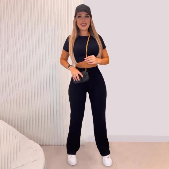 2 шт./комплект женский укороченный топ брюки комплект короткий рукав О-образный вырез облегающий топ высокая талия