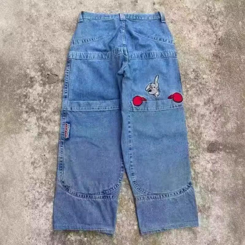 Y2K Hip Hop Embroidered Denim Pants Loose Straight Cut Skate Style Jeans Teen Boys