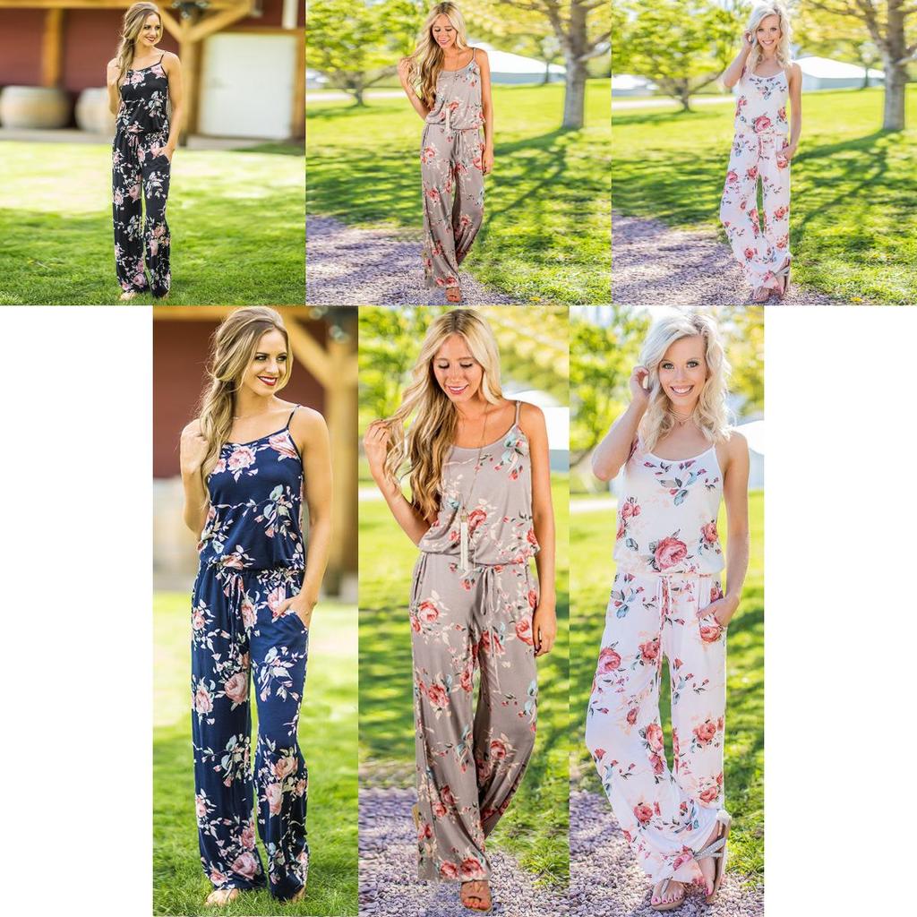 Floral Women Summer Long Wide Leg Pants Strappy Casual Beach Jumpsuit Romper Us