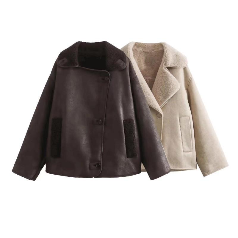 Womens Fall Winter Casual Versatile 3-color Fleece Collar Jacket Coat