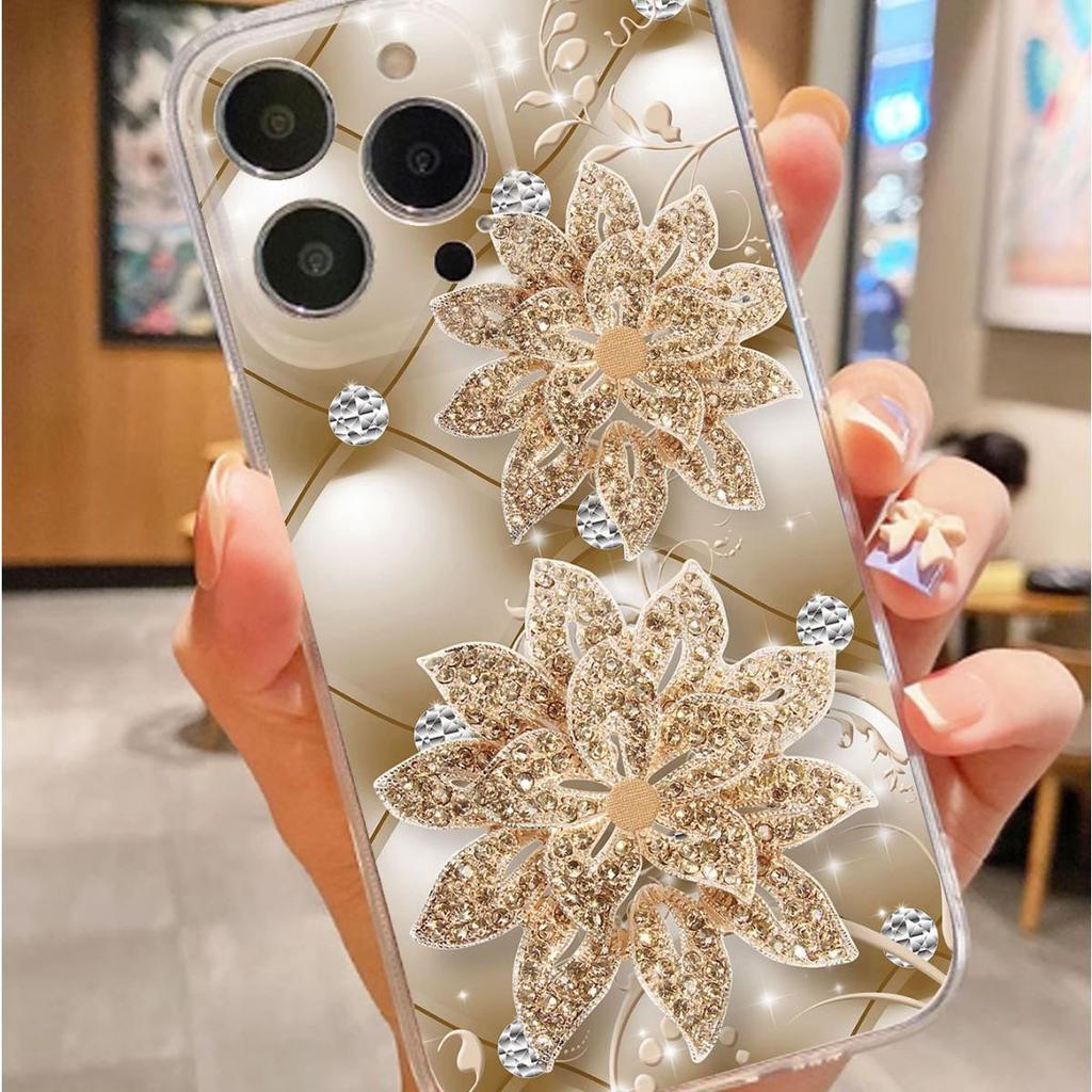 Прозрачный защитный чехол для iPhone 14/15/16/17 Pro Max, золотой, с бриллиантами и цветочным узором, противоударный