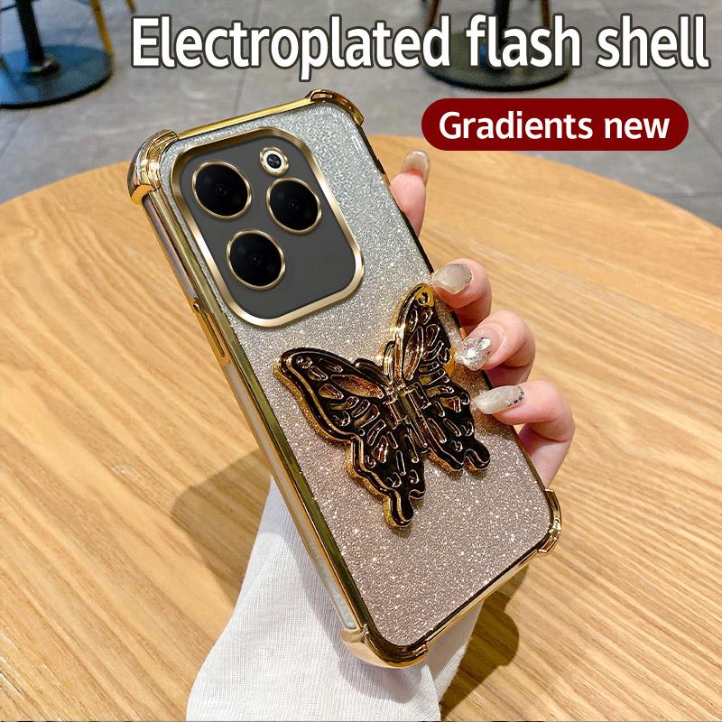 Роскошный чехол для телефона с гальваническим покрытием, противоударной подставкой-бабочкой для Infinix Hot 40 Pro 30 30i 40i 10S NFC 10 Lite 9 Play, блестящая мягкая обложка