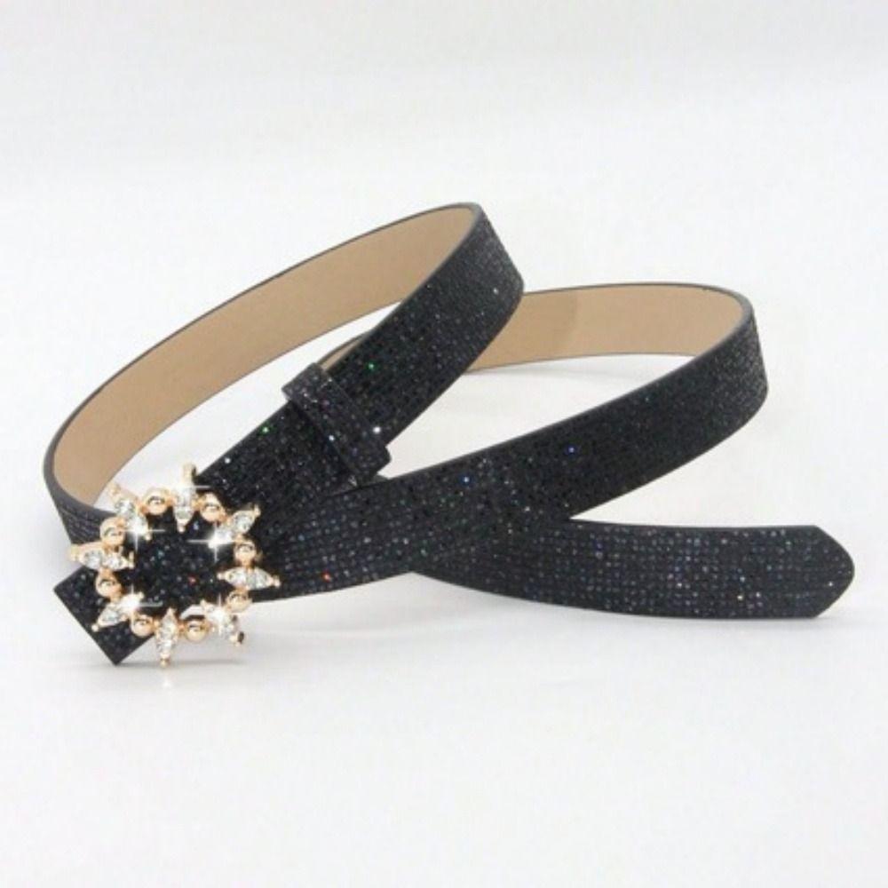 Vintage Bling Bling Sparkling Rhinestone Belt Glitter Versatile Slide Buckle Belt Luxury Brand Design PU Leather Belt Women
