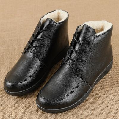 Обувь зимняя хлопковая обувь бархатная теплая обувь для женщин среднего возраста на плоской подошве нескользящая обувь для пожилых кожаная обувь полусапожки на шнуровке для среднего возраста
