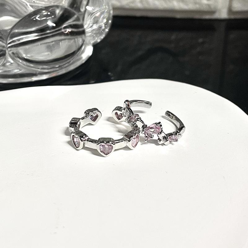Sweet And Cool Spice Girl Inlaid Pink Diamond Love Ring Set Two-Piece Set Women'S Personality High-End Jewelry