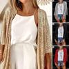 Women Autumn Winter Loose Cardigan Coat Open Front Long Sleeve Shining Sequins Outwear Party Glitter Shawl Jacket