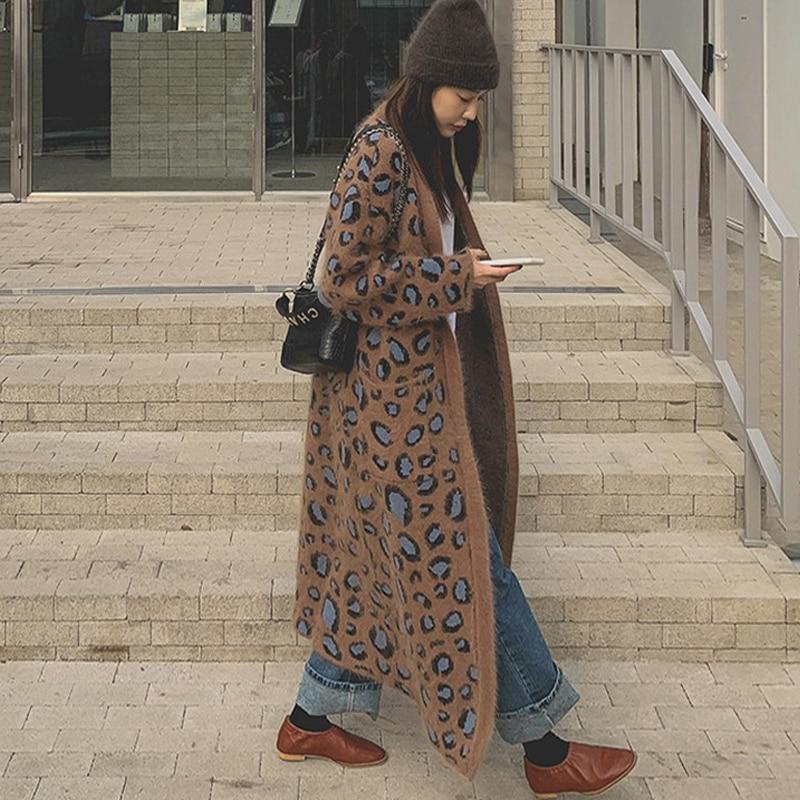 Johnature леопардовые вязаные женские корейские свободные длинные пальто осень-зима кардиган теплые женские тренчи