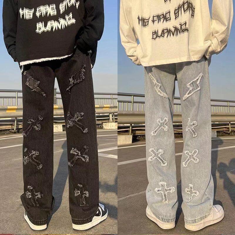 2023 New Trend Hip-hop Street Y2K Men's Pants High Street Loose Straight Casual Pants Fashion Men's Cross-patch Jeans Male S-3XL