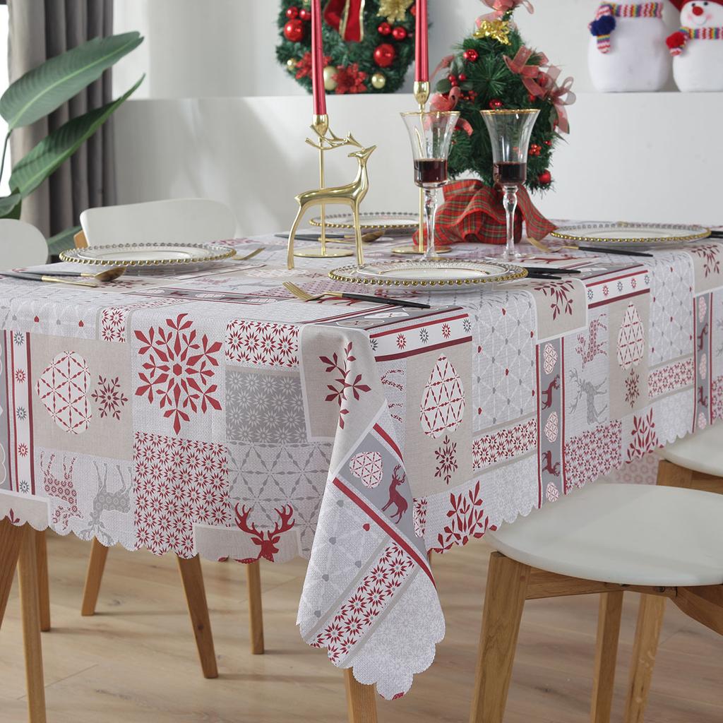 Festive Holiday Tablecloth Waterproof Polyester Embossed Rectangle Christmas Party Dining Cover with Lace