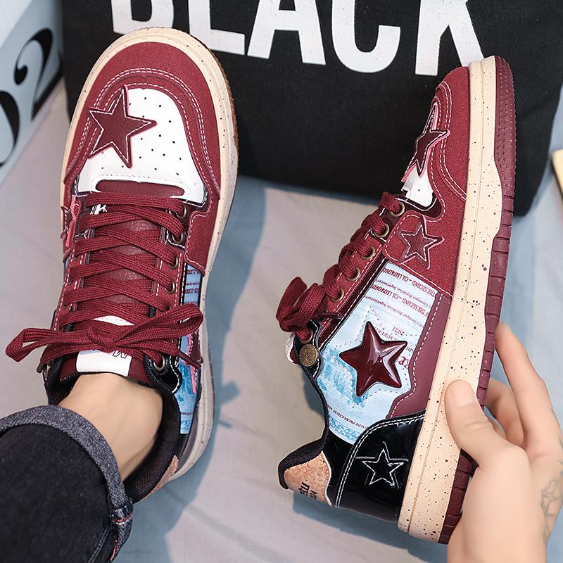 2024 Новые винно-красные туфли с индивидуальными ювелирными украшениями Star Shoes China-Chic Design Универсальные мужские туфли для скейтбординга на толстой подошве Женские туфли 44 размера