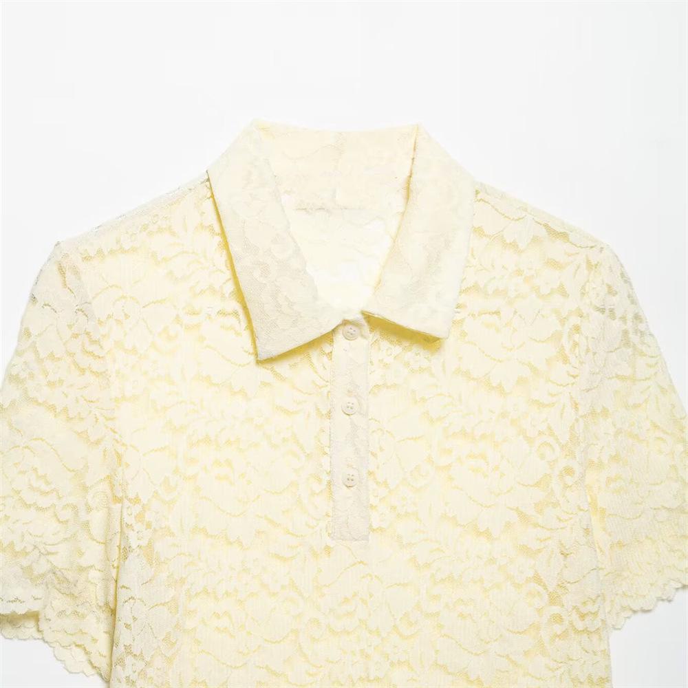 2025 Spring/Summer Women's Slim Fit Sexy Lace Top with Short Sleeves and Lapel