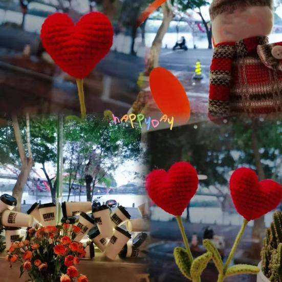 Crochet Heart Picks Handmade Knit Red Heart Bouquet with Green Leaves Valentine's Day Vase Filler for Table Centerpiece Home Decor