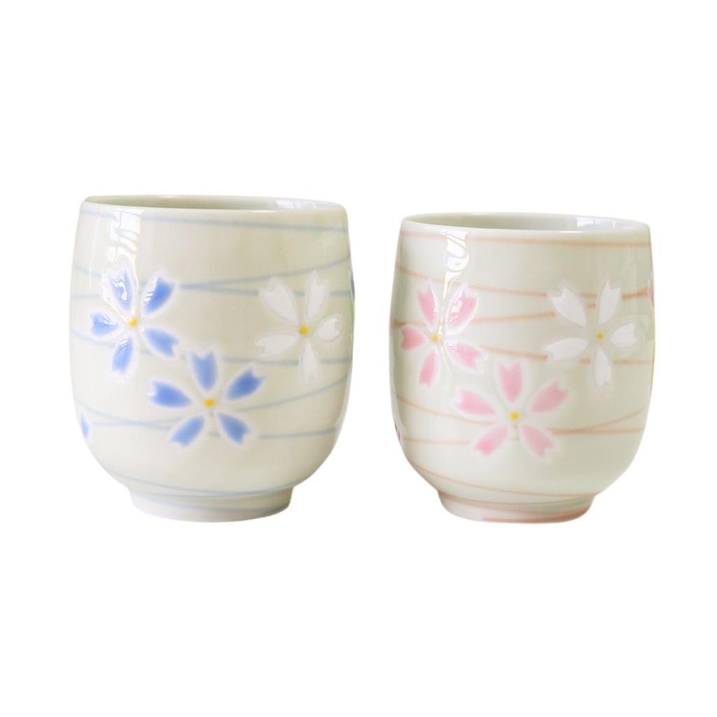 Hasami Ware Teacup Pair Set with Cherry Blossom Spiral Design.