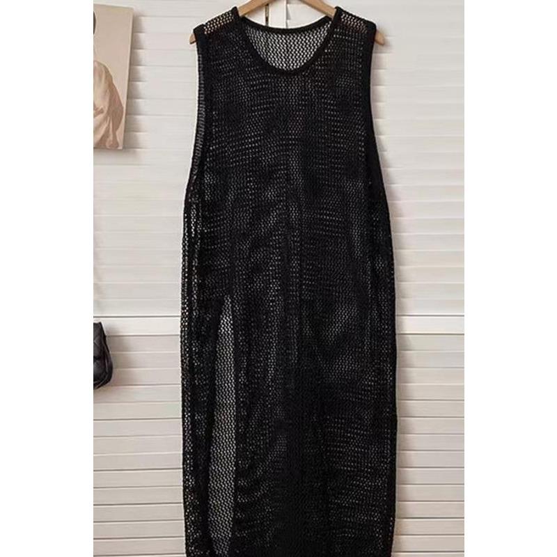 Fashion Sleeveless Knitted Thin Women Cover Up O-neck Casual Loose Dress Hollow Out Split Blouse Solid Color Elegant Summer Tops Long Shirts