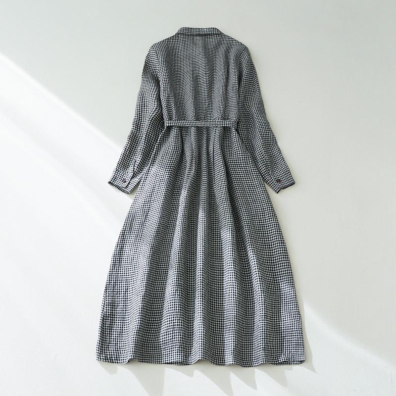 Осеннее новое клетчатое платье из хлопка и льна, женское свободное платье-рубашка с длинным рукавом