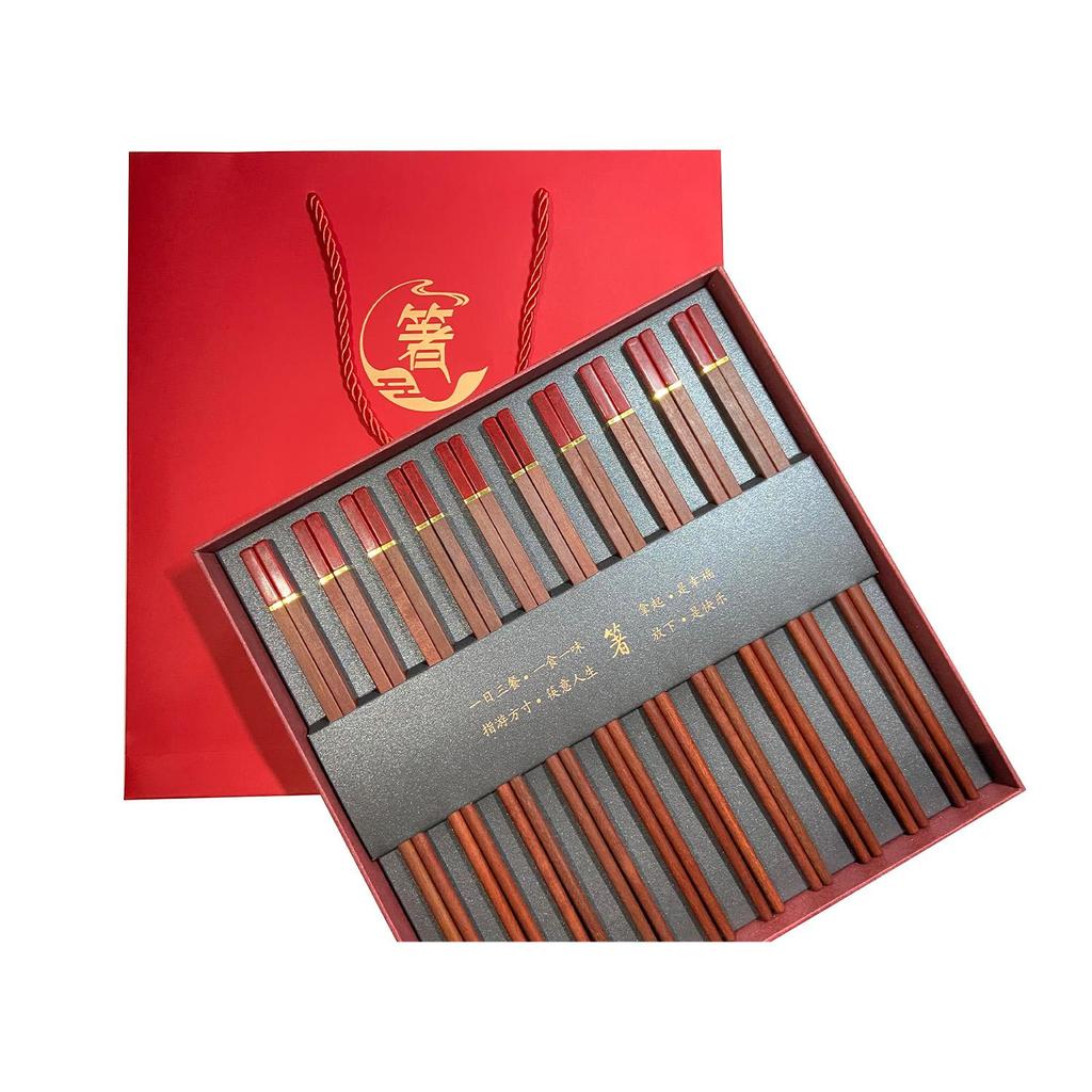 Red Sandalwood Chopsticks Gift Set – 10 Pairs Premium Wooden Dining Utensils In Luxury Gift Box