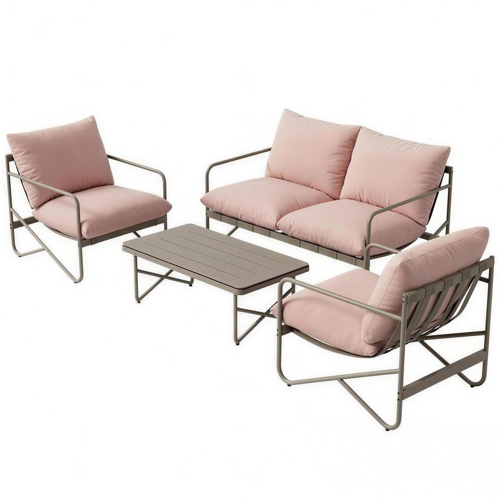 Garden Set for 4 People: Sofa, Armchairs, Table, Metal, Pink