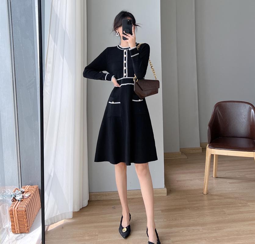 Korean Chic Autumn Winter Women A-Line Dress O Neck White Black Knitting Bodycon Dress Elegant Office Lady Knit Feminine Dress