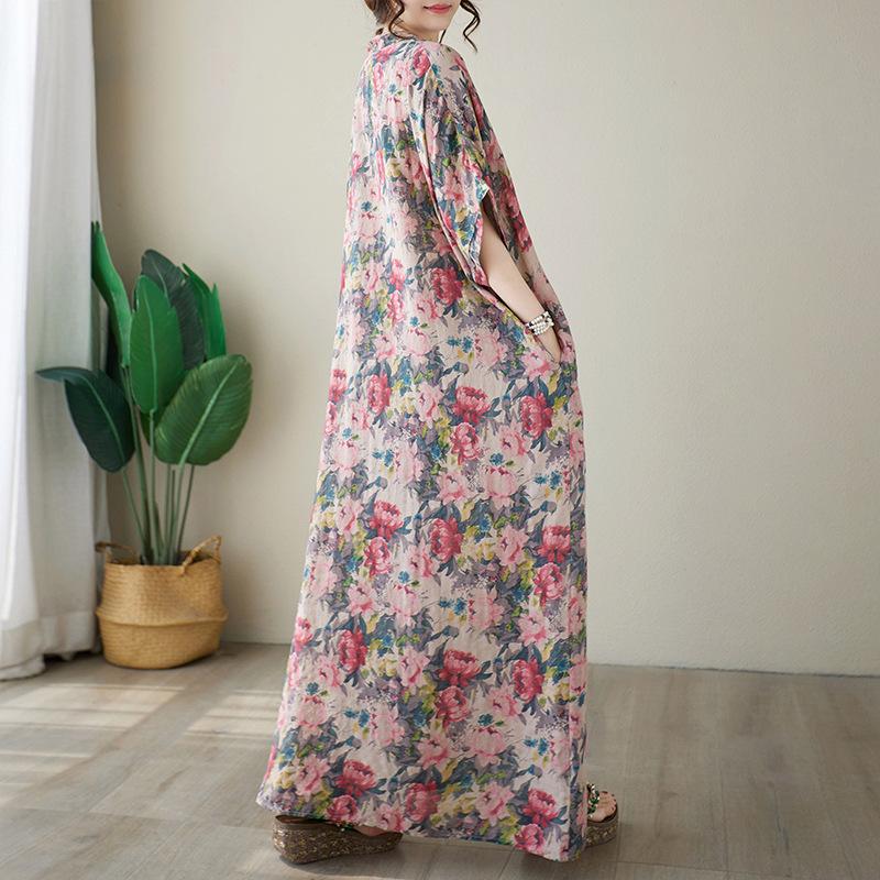 Летнее платье с V-образным вырезом из хлопка и льна свободного кроя