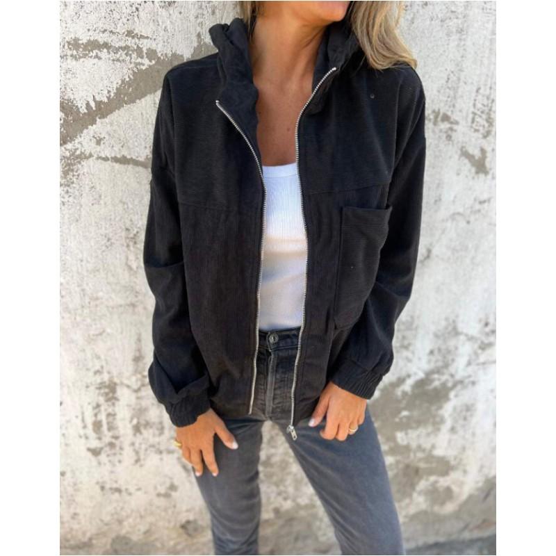 Women's Spring and Autumn Solid Color Simple Corduroy Jacket Ladies Long Sleeve Hooded Plus Size Tops