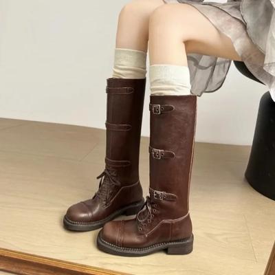 Модная женская обувь 2024 Новые женские сапоги с пряжкой на ремне Модные сапоги на шнуровке Современные женские зимние сапоги с круглым носком до колена Zapatos