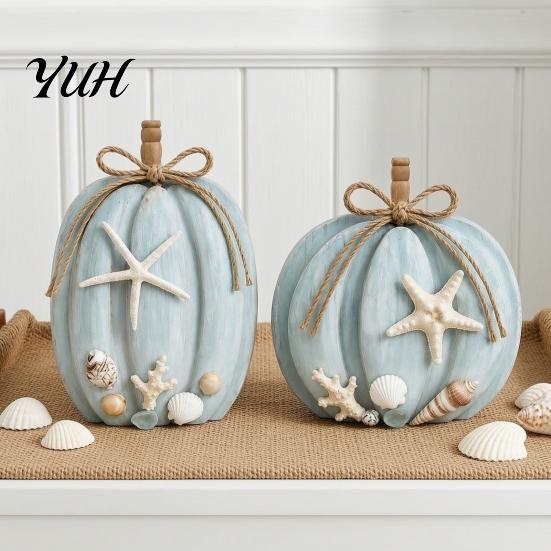 Beach Inspired Window Shelf Displays 2Pcs Coastal Pumpkin Decor, Blue Wood Sign, Fall Decorative Starfish Shell Coral Crafts Table Centerpiece