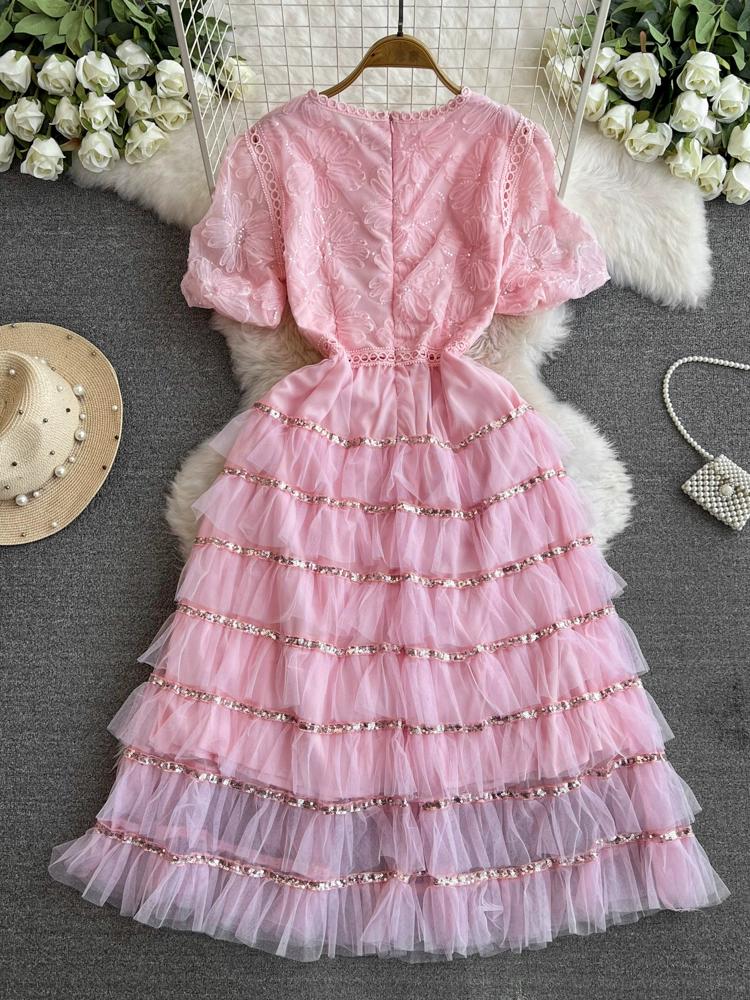 Летние женские сладкие блестящие цветочные сетчатые вечерние платья с вырезами