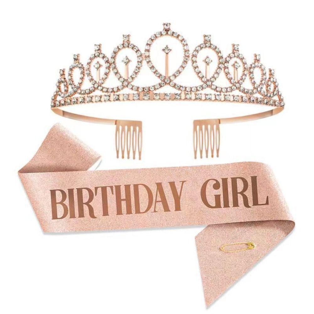 2Pcs/Set Glitter Birthday Tiara Gold Crystal Crown New Birthday Party Crown Sash 18 21 30 40 50th
