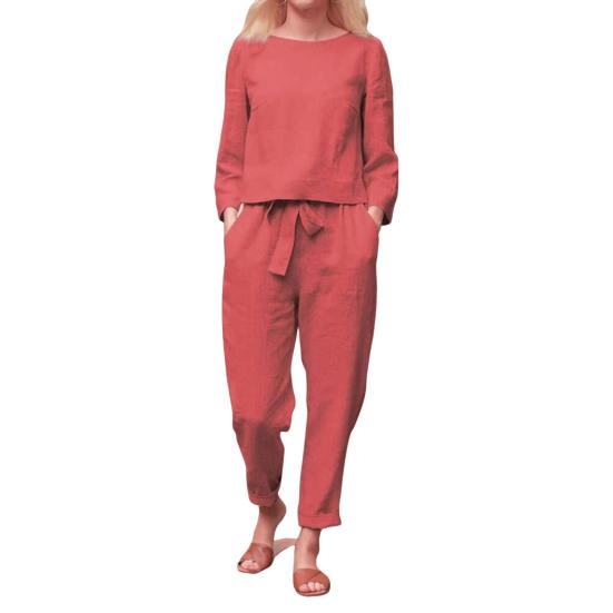 2 шт./комплект женский топ брюки комплект круглый вырез длинный рукав блузка винтажные эластичный пояс брюки повседневный досуг свободный наряд