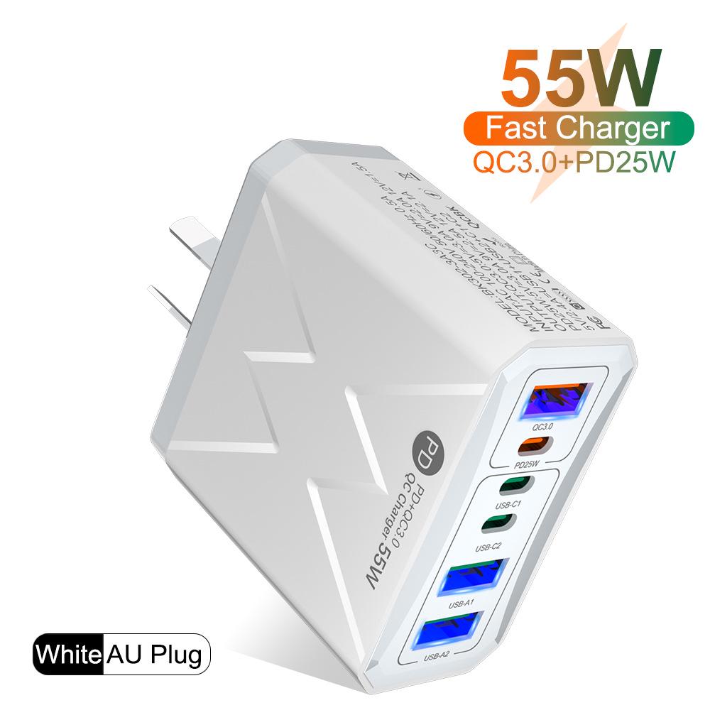 Быстрое зарядное устройство PD 25 Вт на 6 портов: 3 USB, 3 PD 55 Вт с QC3.0 – Штекеры EU, UK, AU