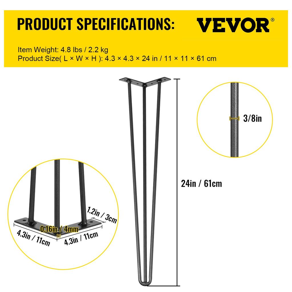 VEVOR Hairpin Table Legs 61 cm Black Set of 4 Desk Legs Each 99.8 kg Capacity Hairpin Desk Legs 3 Rods for Bench Desk Dining End Table Chairs Carbon