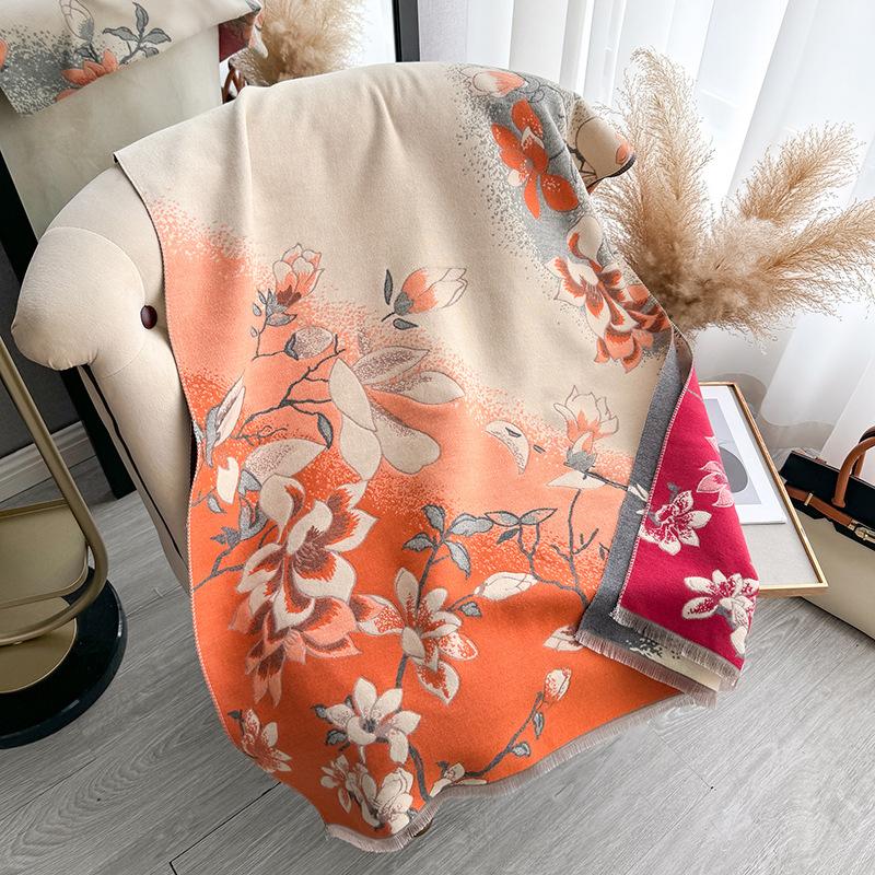 Autumn and Winter Jacquard Scarf Femininity Magnolia Imitation Cashmere Shawl Thickened Warm Scarf