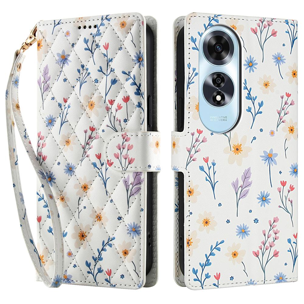 For Oppo A60 4G Wallet Case Rhombic Floral Design Leather Flip Phone Cover with Strap