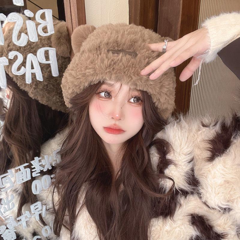 Шляпа Freesh, корейская милая новая плюшевая вязаная шапка-ушанка с медведем, маленькая шерстяная шапка для лица, женская
