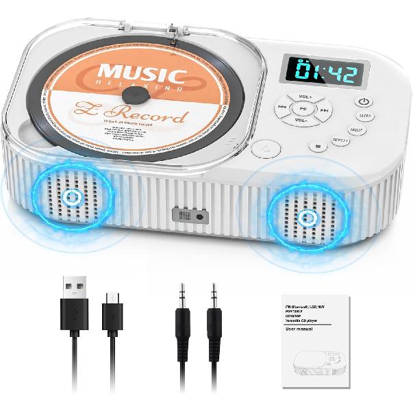 2000mAh CD Player Portable With Bluetooth, Double Speaker,Rechargeable CD Player With FM Radio, AUX/USB Support, Headphone Jack, Removal Control