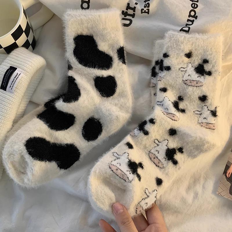 3 Pairs Cute Cow Spots Print Sock Thickened Warm Coral Fleece Women's Socks