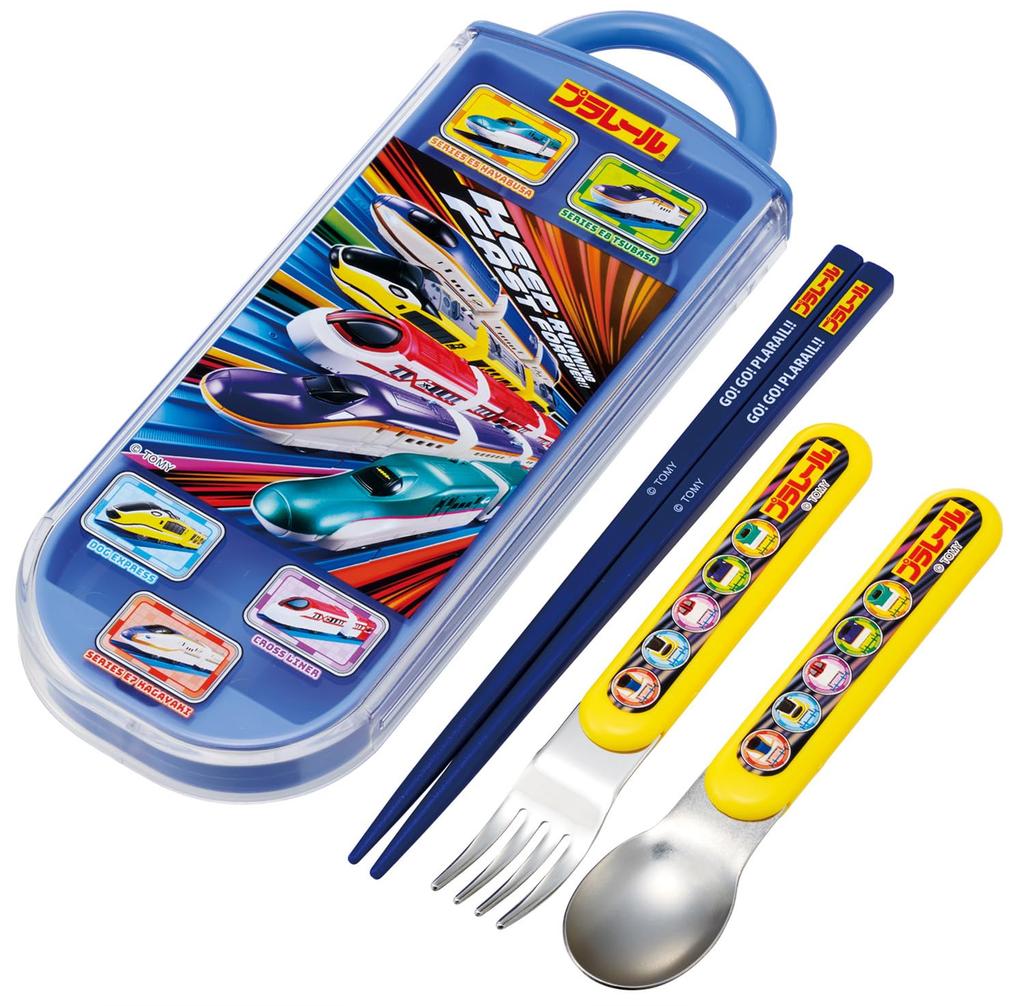 Skater Lunch Box Trio and Made In Plarail TACC2AG69401 Children's Set, Chopsticks, Spoon, Fork, Kids' Cutlery, Antibacterial, Easy-Open Slide-Open,