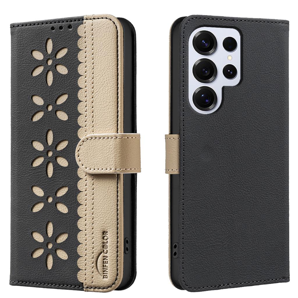 For Samsung Galaxy S24 Ultra Leather Case BINFEN COLOR BF36 Floral Pattern Phone Cover RFID Blocking Wallet Stand