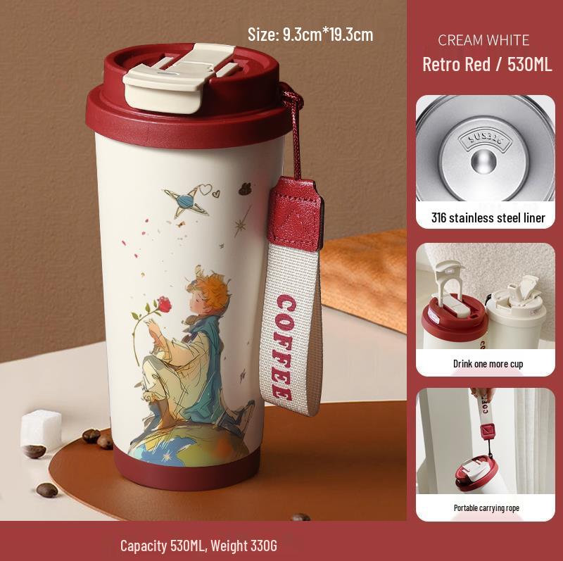 Термокружка из нержавеющей стали 316 для детей «Маленький принц» с трубочкой - Портативная версия, Кофейная и Подарок на день рождения