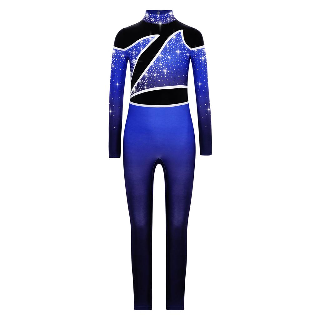 Girls Performance Jumpsuit Color Gradient Mock Neck Long Sleeve with Rhinestones Keyhole Back