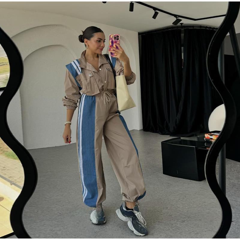 Women Casual Elegant Sports Two-piece Set Spring New Denim Splicing Turn-down Collar High Waist Slim Straight Leg Pants for Women