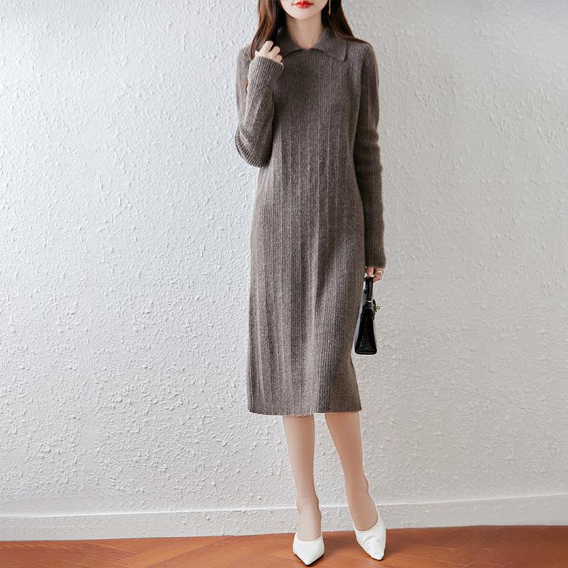 Women Sweater Dress 100% Wool TIDENOVEL Turn-down Collar Knit Long Pullover Winter Jumpers Wool Long Dress Female