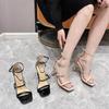 Fashion Sexy Open Toe Ankle Buckle Belt Stiletto Womens Sandals Summer Square Head Cover Heels Super High Heels Party Wedding Shoe