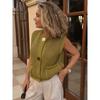 Women Chic Green Knitted Sweater Vest Autumn Fashion Thick Needle O-neck Sleeveless Pocket Cardigan