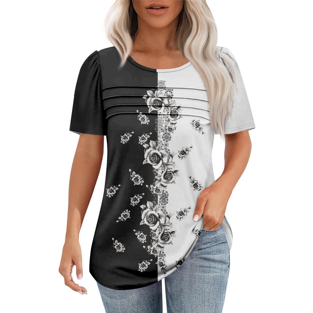 Ladies' Fashionable Printed Round Neck Pleated Short Sleeved Shirt